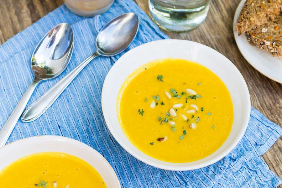 Roasted Carrot Soup with Pine Nuts and Walnut Oil