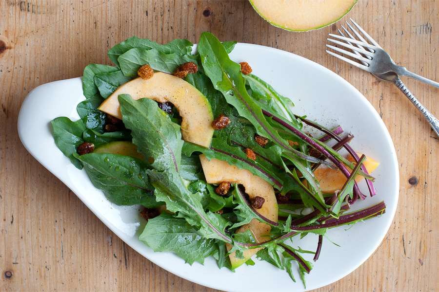Red Dandelion Salad with Melon and Walnuts