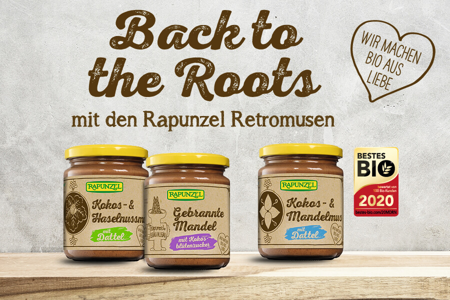 Back to the Roots mit den Rapunzel Retromusen Kokos- & Mandelmus mit Dattel, Kokos- & Haselnussmus mit Dattel und Gebrannte Mandel mit Kokosblütenzucker