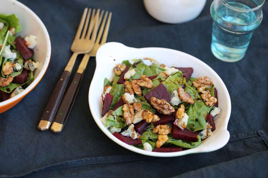 Red Beet Salad with Spinach, Candied Walnuts and Blue Cheese