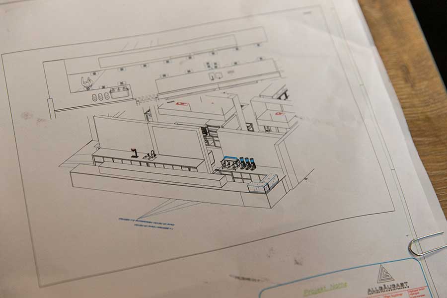 Technical drawing of the twelve-meter-long counter in the bistro