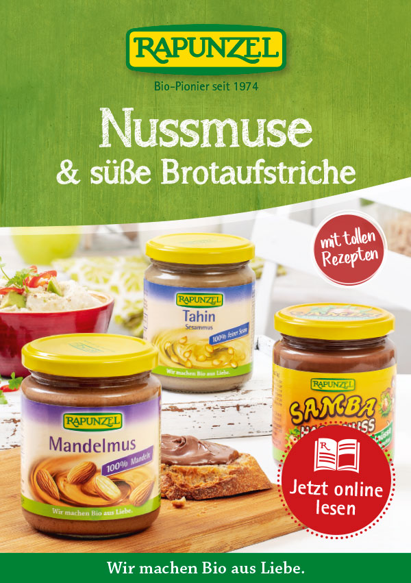 Schonend geröstete, sorgfältig vermahlene und 100 % reine Nussmuse und Brotaufstriche – von Rapunzel Schonend geröstete, sorgfältig vermahlene und 100 % reine Nussmuse und Brotaufstriche – von Rapunzel